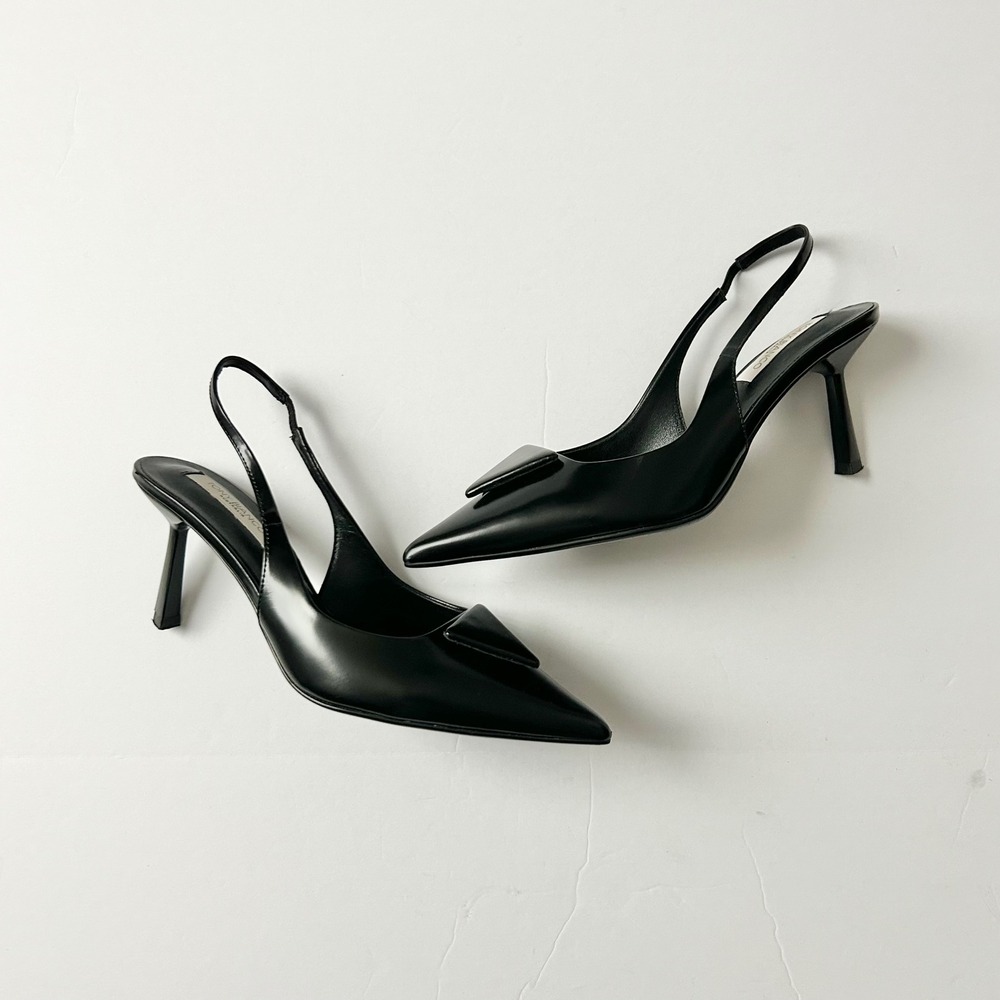 Tony Bianco Bertie Black Leather Pointed Toe Slingback Heels Triangle Plaque 7 - Picture 8 of 8